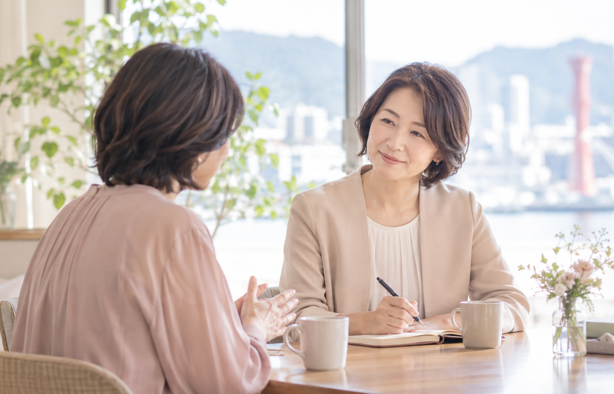 明るい窓辺で、不安や気持ちを相談する場面のイメージ