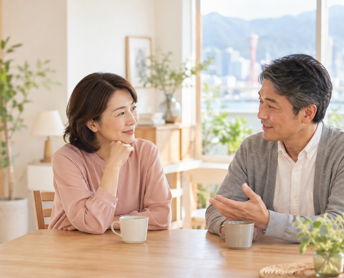 明るい窓辺で、互いの気持ちに耳を傾けながら話し合う男女のイメージ
