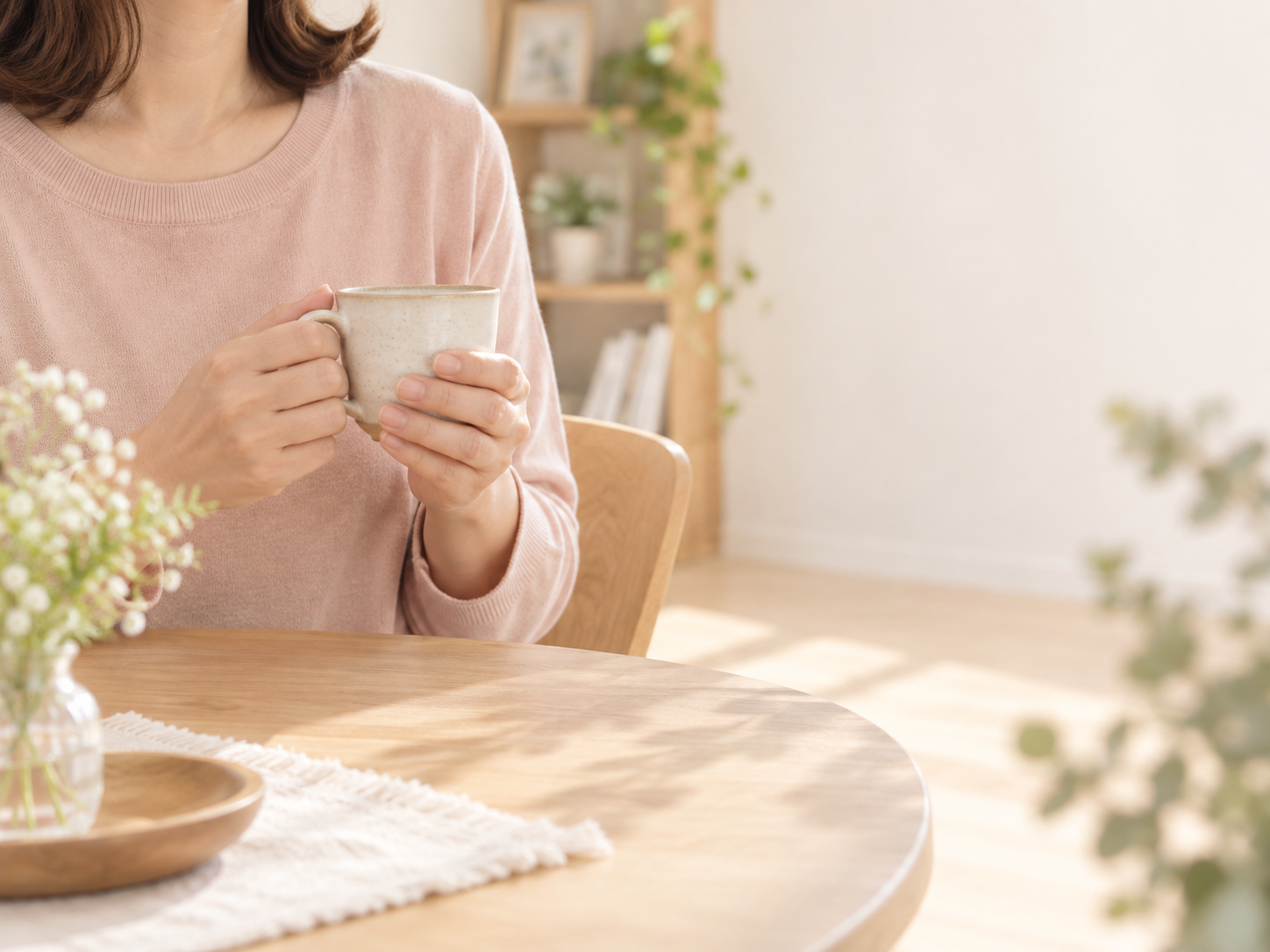 明るい室内で、カップを両手で包む女性のイメージ